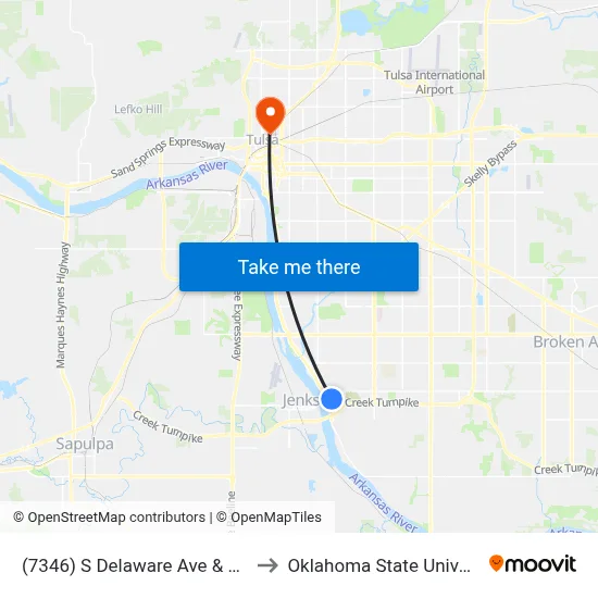 (7346) S Delaware Ave & E 95th St S Nb to Oklahoma State University - Tulsa map
