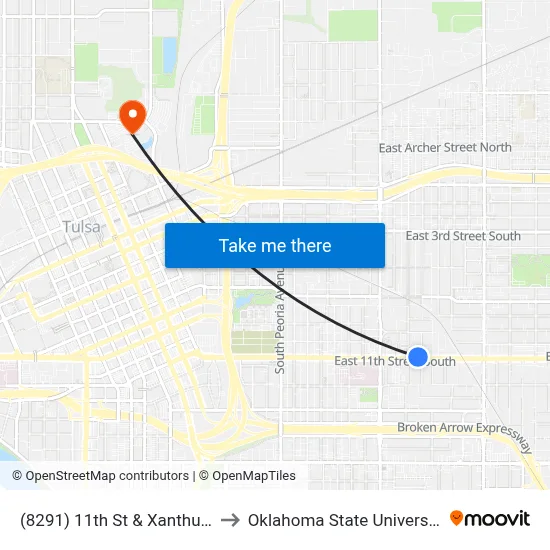 (8291) 11th St & Xanthus Ave Wb to Oklahoma State University - Tulsa map