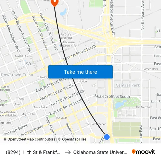 (8294) 11th St & Frankfort Ave Wb to Oklahoma State University - Tulsa map