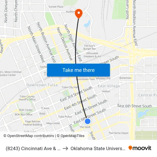 (8243) Cincinnati Ave & 6th St Sb to Oklahoma State University - Tulsa map