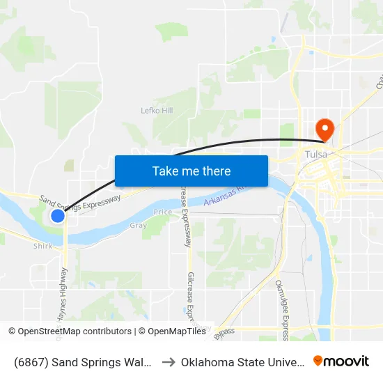 (6867) Sand Springs Walmart Subhub to Oklahoma State University - Tulsa map