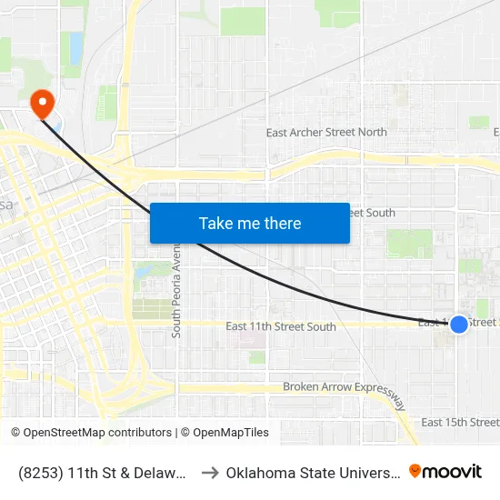 (8253) 11th St & Delaware Ave Eb to Oklahoma State University - Tulsa map