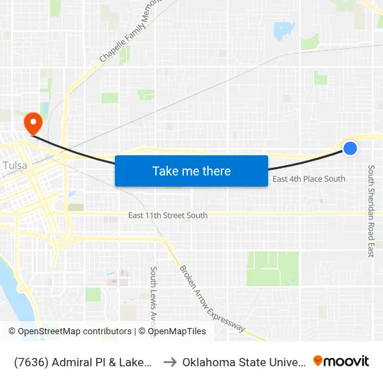 (7636) Admiral Pl & Lakewood Ave Wb to Oklahoma State University - Tulsa map