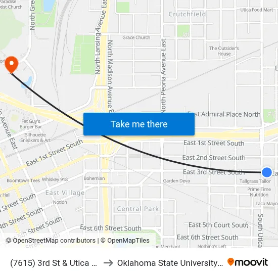 (7615) 3rd St & Utica Ave Eb to Oklahoma State University - Tulsa map