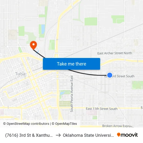 (7616) 3rd St & Xanthus Ave Eb to Oklahoma State University - Tulsa map