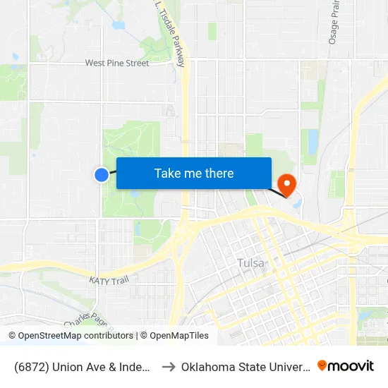 (6872) Union Ave & Independence St to Oklahoma State University - Tulsa map