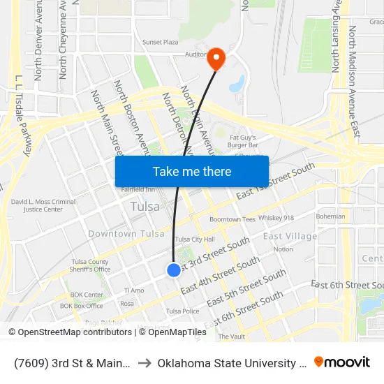 (7609) 3rd St & Main St Eb to Oklahoma State University - Tulsa map