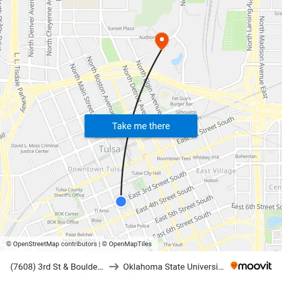 (7608) 3rd St & Boulder Ave Eb to Oklahoma State University - Tulsa map