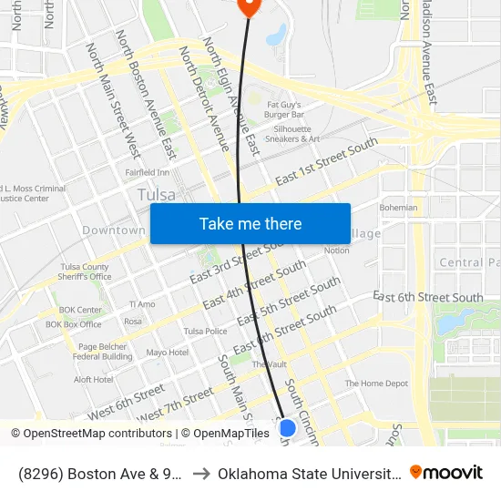 (8296) Boston Ave & 9th St Nb to Oklahoma State University - Tulsa map