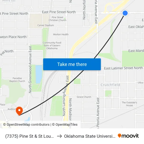 (7375) Pine St & St Louis Ave Eb to Oklahoma State University - Tulsa map