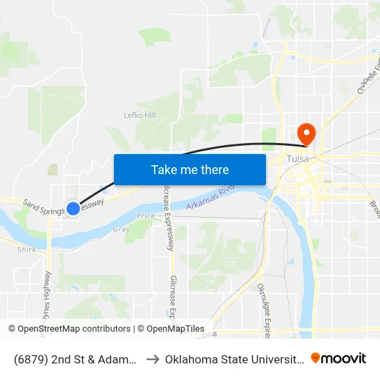 (6879) 2nd St & Adams Rd Wb to Oklahoma State University - Tulsa map