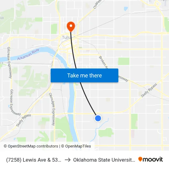 (7258) Lewis Ave & 53rd St Sb to Oklahoma State University - Tulsa map