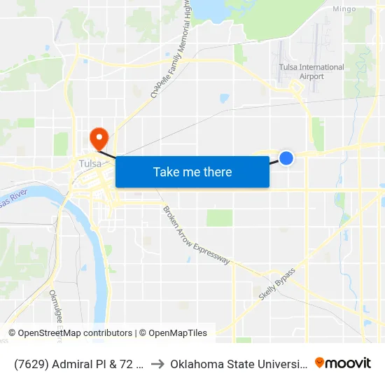 (7629) Admiral Pl & 72 E Ave Eb to Oklahoma State University - Tulsa map