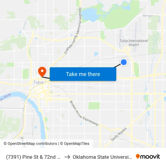 (7391) Pine St & 72nd E Ave Eb to Oklahoma State University - Tulsa map