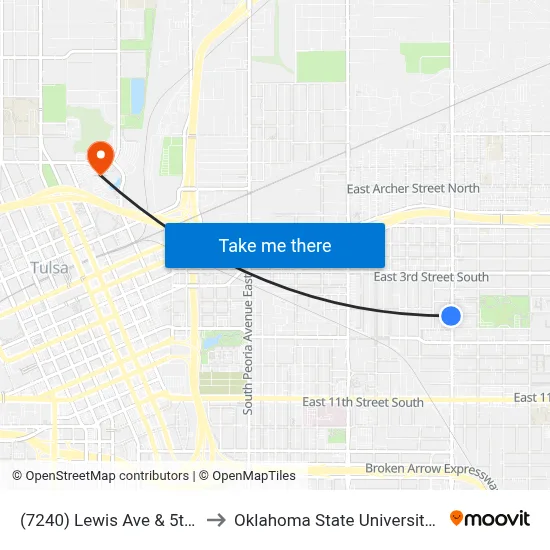 (7240) Lewis Ave & 5th St Sb to Oklahoma State University - Tulsa map