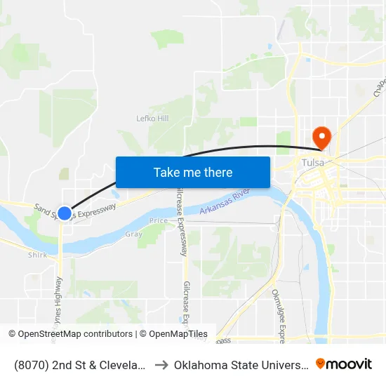 (8070) 2nd St & Cleveland Ave Eb to Oklahoma State University - Tulsa map