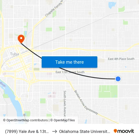 (7899) Yale Ave & 13th St Nb to Oklahoma State University - Tulsa map