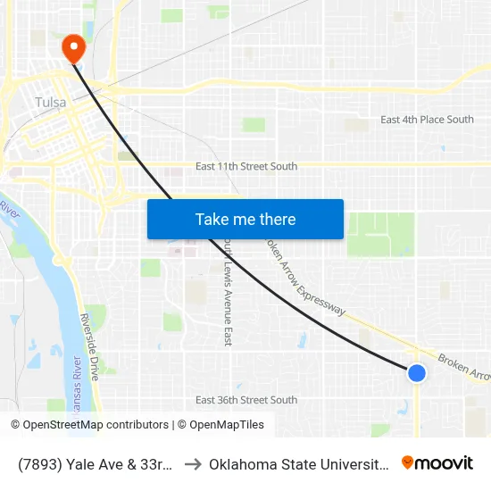 (7893) Yale Ave & 33rd St Nb to Oklahoma State University - Tulsa map