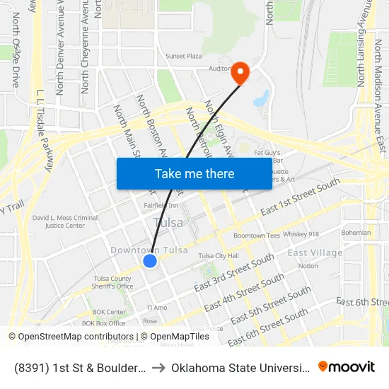 (8391) 1st St & Boulder Ave Wb to Oklahoma State University - Tulsa map
