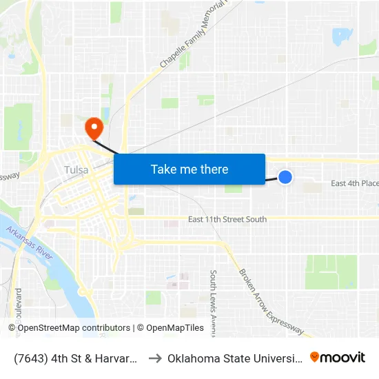 (7643) 4th St & Harvard Ave Wb to Oklahoma State University - Tulsa map