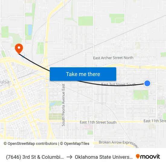 (7646) 3rd St & Columbia Ave Wb to Oklahoma State University - Tulsa map