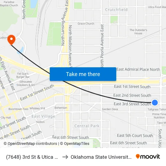 (7648) 3rd St & Utica Ave Wb to Oklahoma State University - Tulsa map