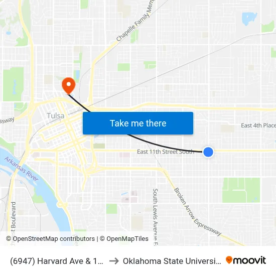 (6947) Harvard Ave & 11th St Sb to Oklahoma State University - Tulsa map