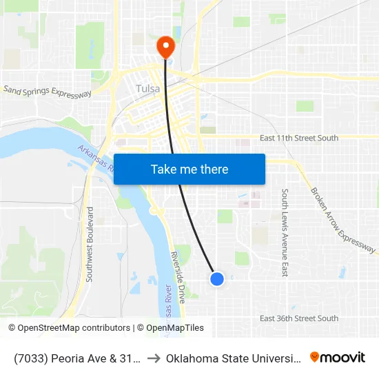 (7033) Peoria Ave & 31st St Nb to Oklahoma State University - Tulsa map