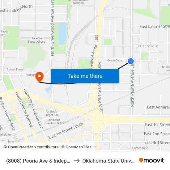 (8008) Peoria Ave & Independence St Sb to Oklahoma State University - Tulsa map