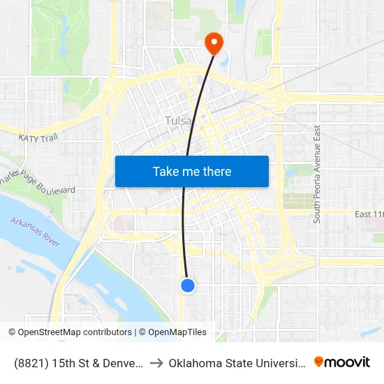 (8821) 15th St & Denver Ave Eb to Oklahoma State University - Tulsa map
