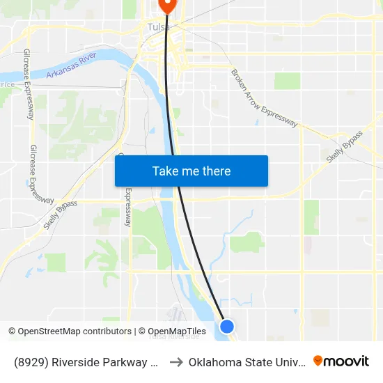 (8929) Riverside Parkway And S Casino Dr to Oklahoma State University - Tulsa map