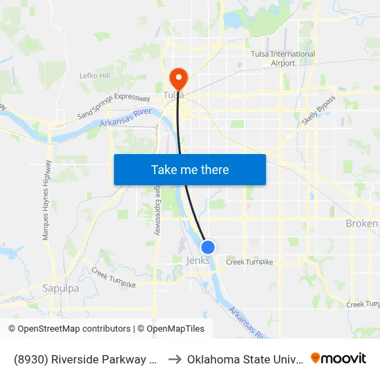 (8930) Riverside Parkway And S Casino Dr to Oklahoma State University - Tulsa map