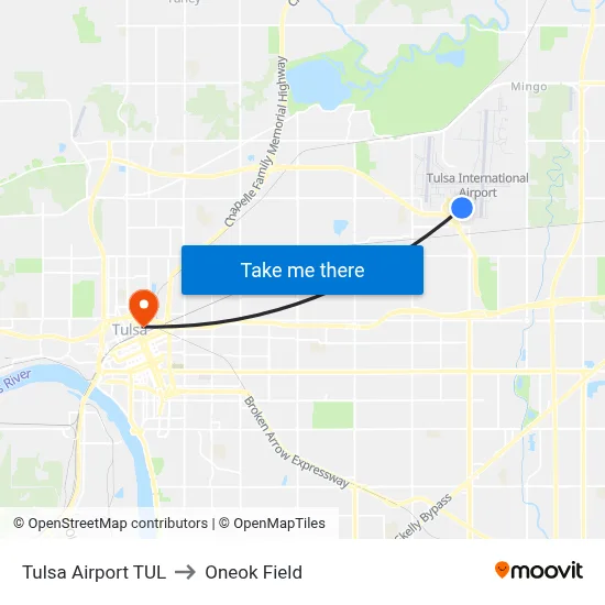 Tulsa Airport TUL to Oneok Field map