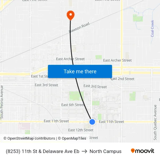 (8253) 11th St & Delaware Ave Eb to North Campus map