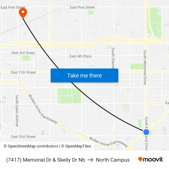 (7417) Memorial Dr & Skelly Dr Nb to North Campus map
