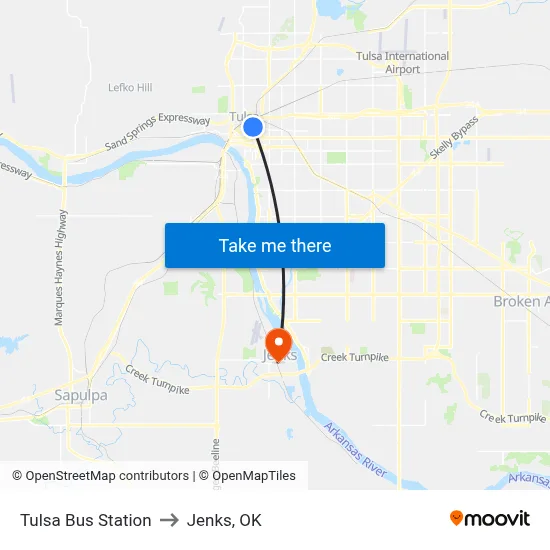 Tulsa Bus Station to Jenks, OK map
