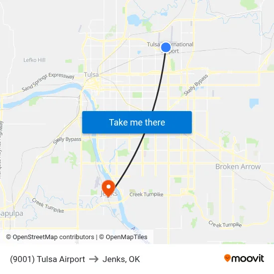 (9001) Tulsa Airport to Jenks, OK map