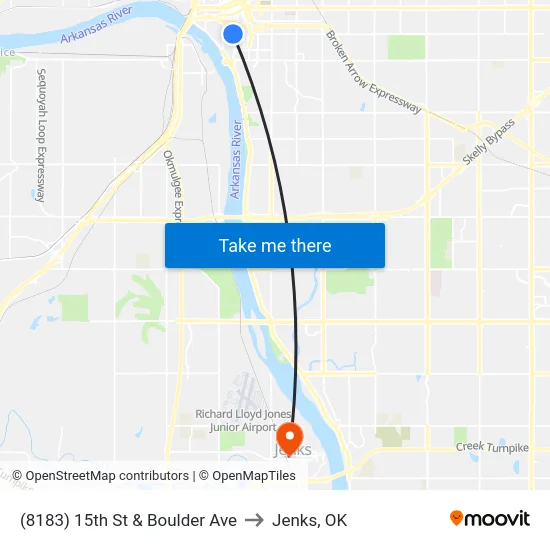 (8183) 15th St & Boulder Ave to Jenks, OK map
