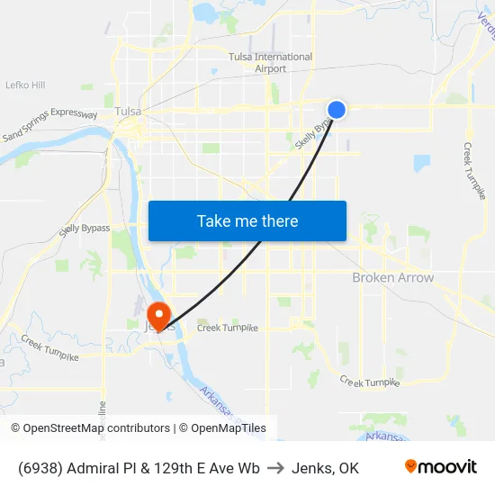 (6938) Admiral Pl & 129th E Ave Wb to Jenks, OK map