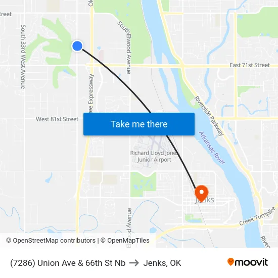 (7286) Union Ave & 66th St Nb to Jenks, OK map