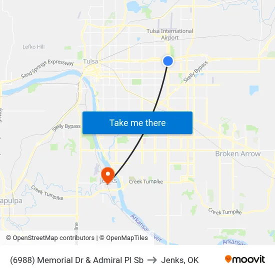 (6988) Memorial Dr & Admiral Pl Sb to Jenks, OK map