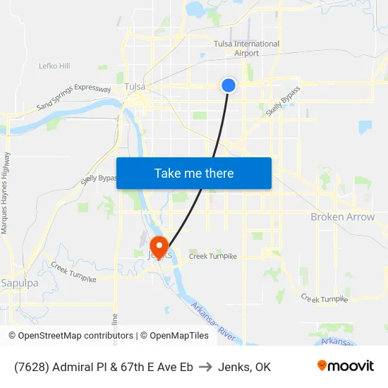 (7628) Admiral Pl & 67th E Ave Eb to Jenks, OK map
