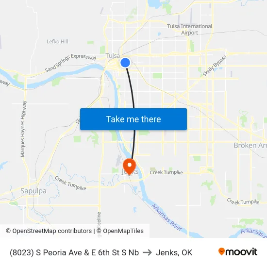 (8023) S Peoria Ave & E 6th St S Nb to Jenks, OK map
