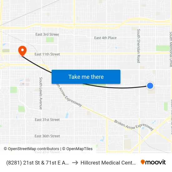 (8281) 21st St & 71st E Ave Wb to Hillcrest Medical Center - ER map