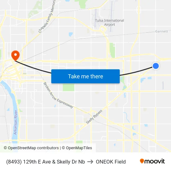 (8493) 129th E Ave & Skelly Dr Nb to ONEOK Field map