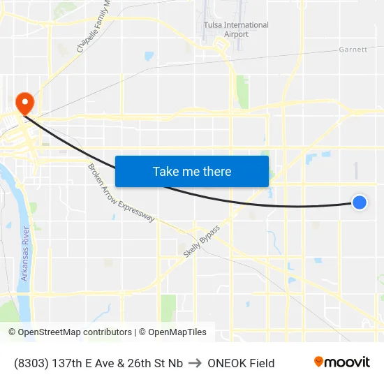 (8303) 137th E Ave & 26th St Nb to ONEOK Field map