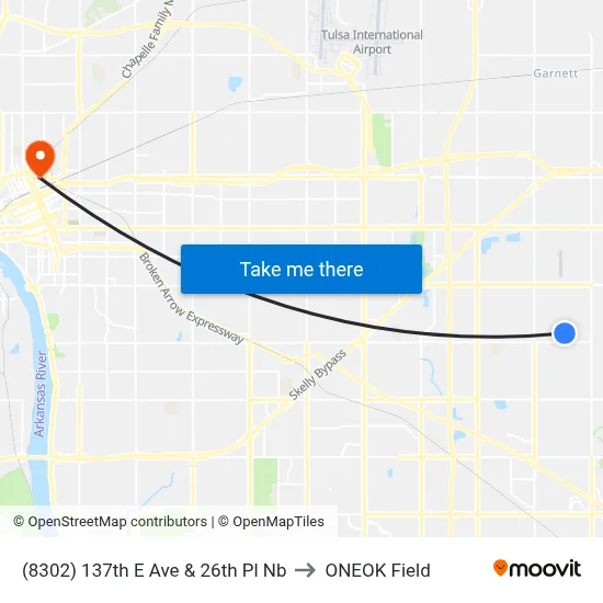 (8302) 137th E Ave & 26th Pl Nb to ONEOK Field map