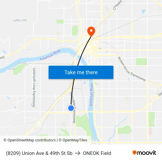 (8209) Union Ave & 49th St Sb to ONEOK Field map