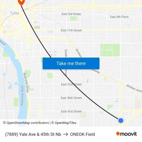 (7889) Yale Ave & 45th St Nb to ONEOK Field map