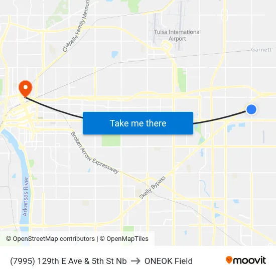 (7995) 129th E Ave & 5th St Nb to ONEOK Field map